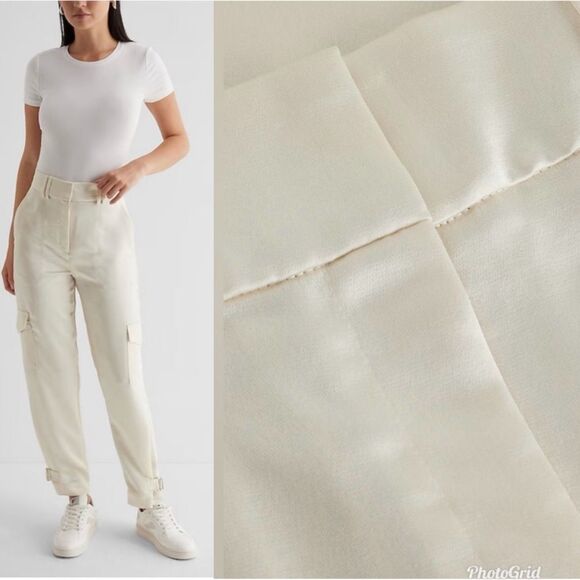 Express White Cream Super High Waisted Satin Cargo Ankle Pants - Picture 3 of 11